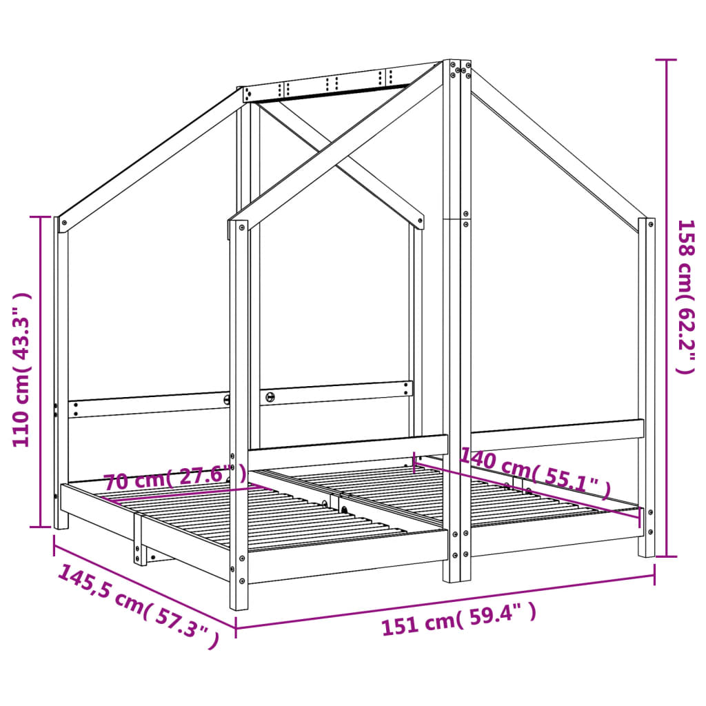 Cadru de pat pentru copii, alb, 2x(70x140) cm, lemn masiv pin