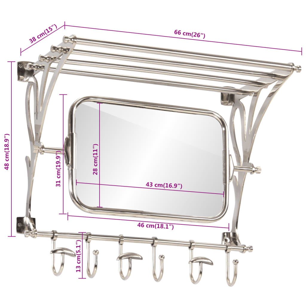 Suport bagaj cu umerașe/oglindă, montat pe perete, aluminiu