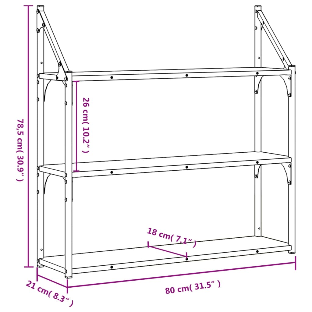 Raft perete cu 3 niveluri, negru, 80x21x78,5 cm, lemn prelucrat