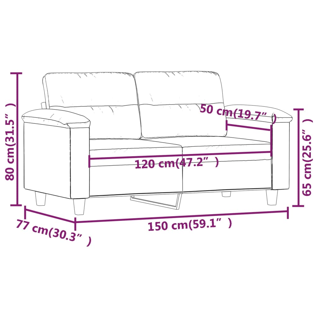 Canapea cu 2 locuri, gri deschis, 120 cm, țesătură microfibră