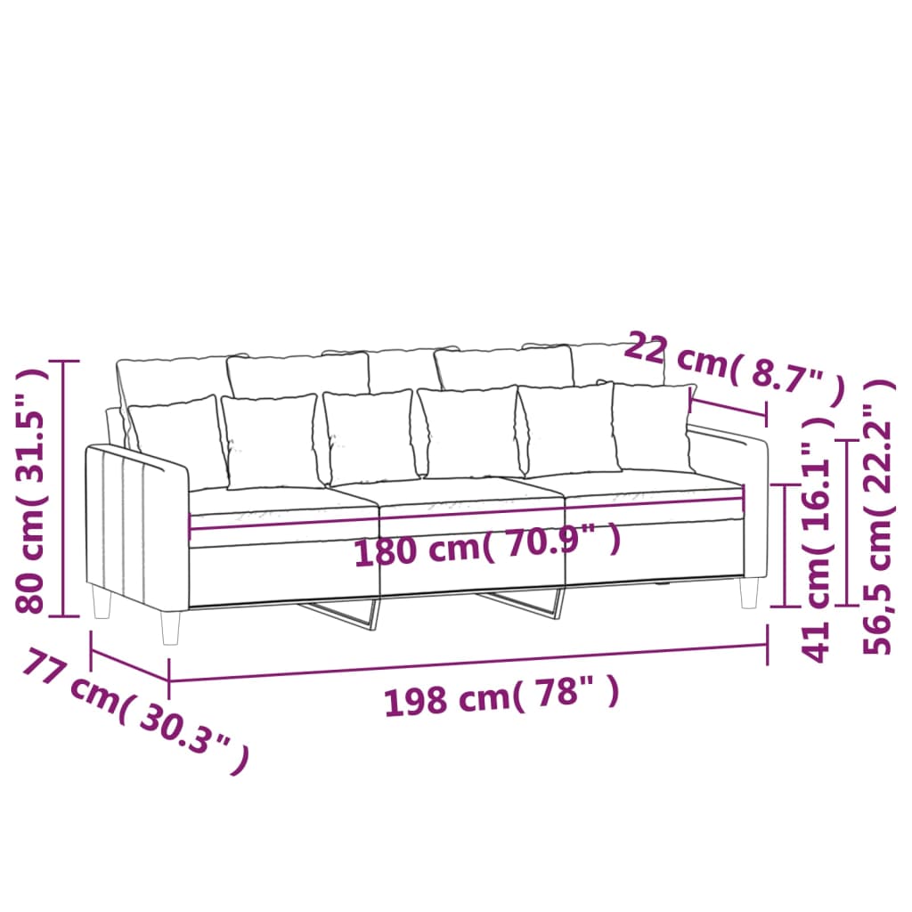 Canapea cu 3 locuri, Negru, 180 cm, catifea