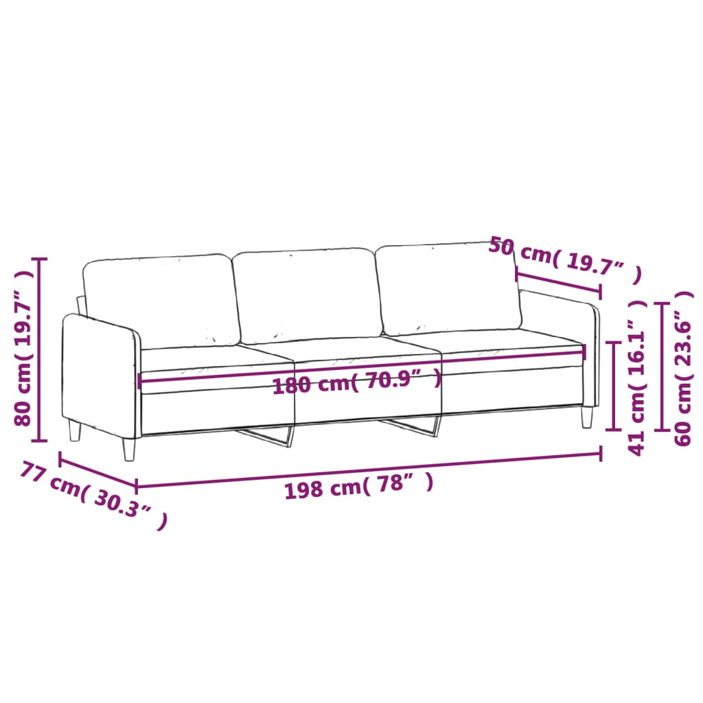 Canapea cu 3 locuri, crem, 180 cm, catifea