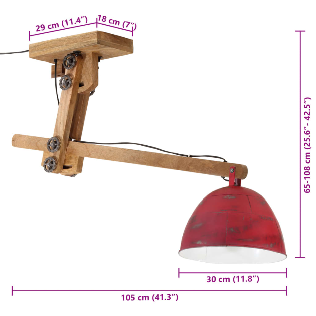 Lampă de tavan 25 W, roșu uzat, 105x30x65-108 cm, E27