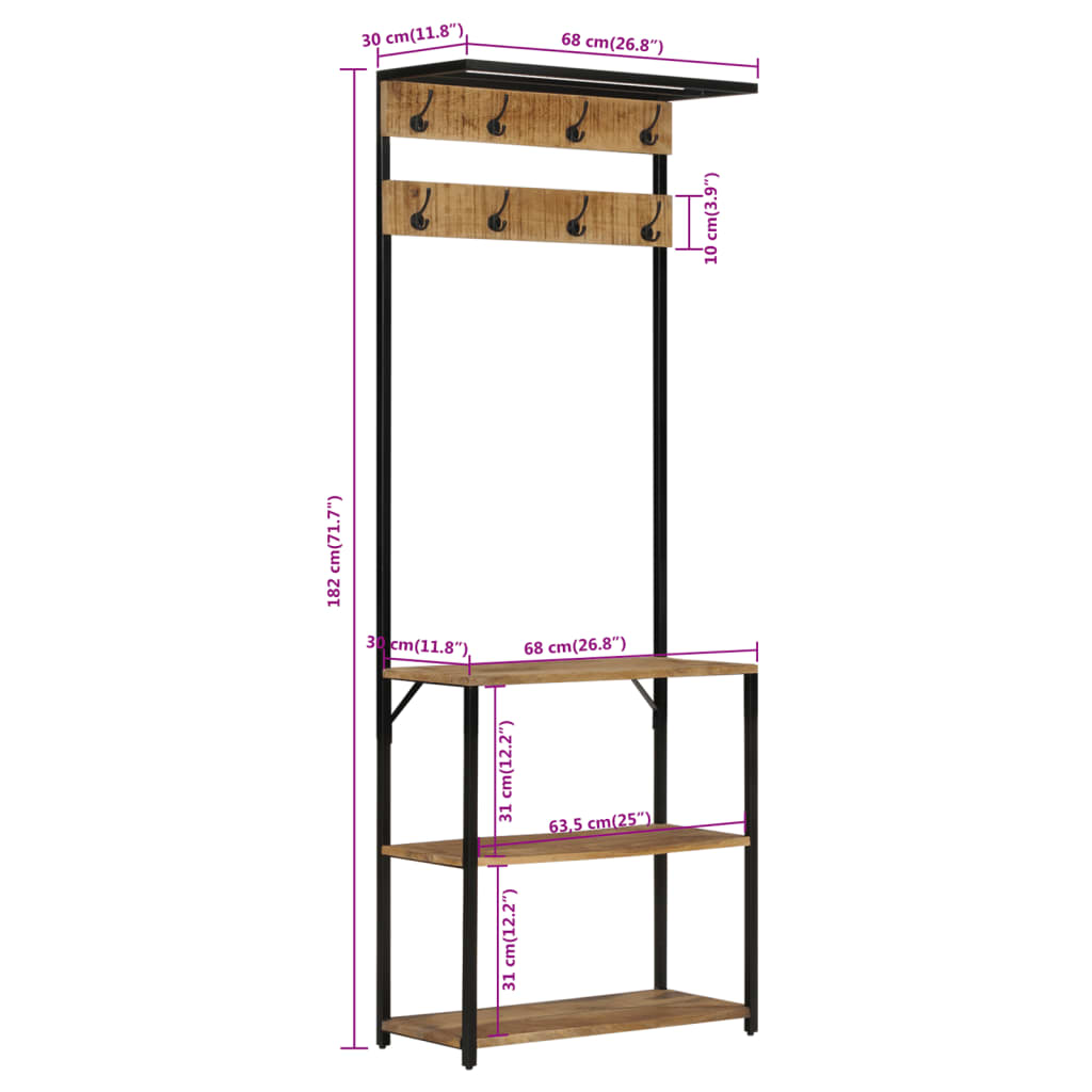 Cuier de haine cu pantofar, 68x30x182 cm, lemn masiv mango brut