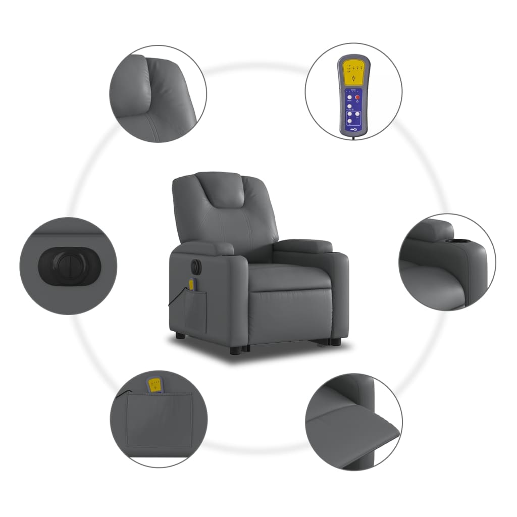 Fotoliu masaj rabatabil electric cu ridicare, gri, piele eco