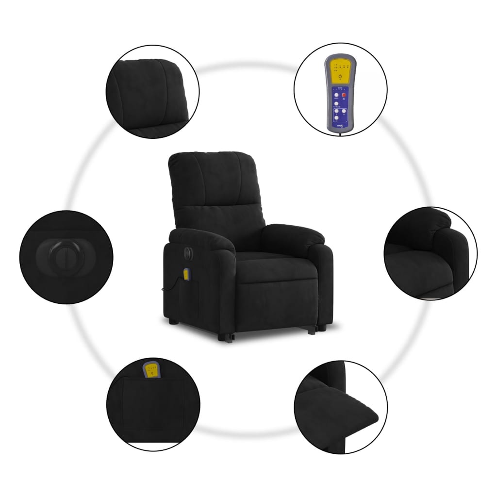 Fotoliu masaj rabatabil electric cu ridicare, negru, microfibră