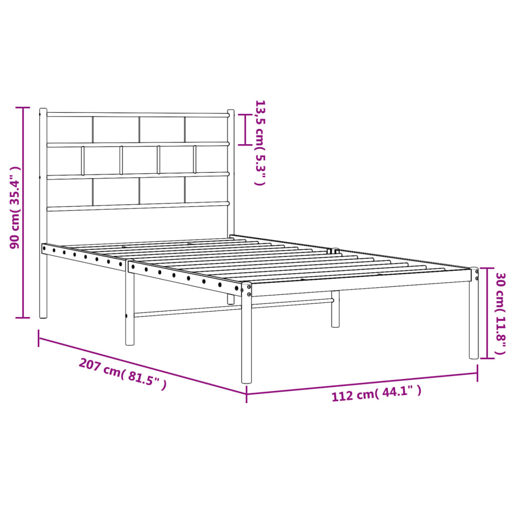 Cadru de pat din metal cu tăblie, negru, 107x203 cm