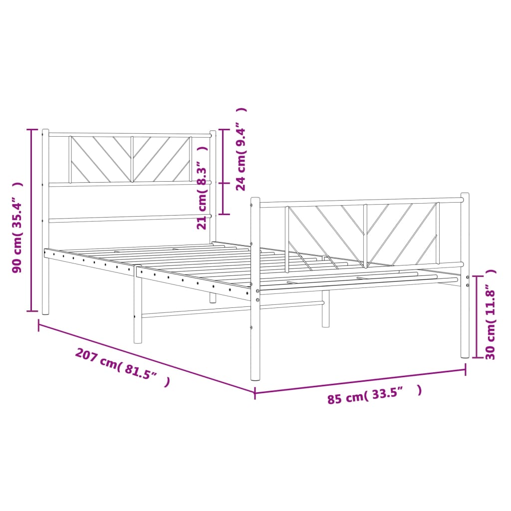 Cadru pat metalic cu tăblii de cap/picioare, negru, 80x200 cm