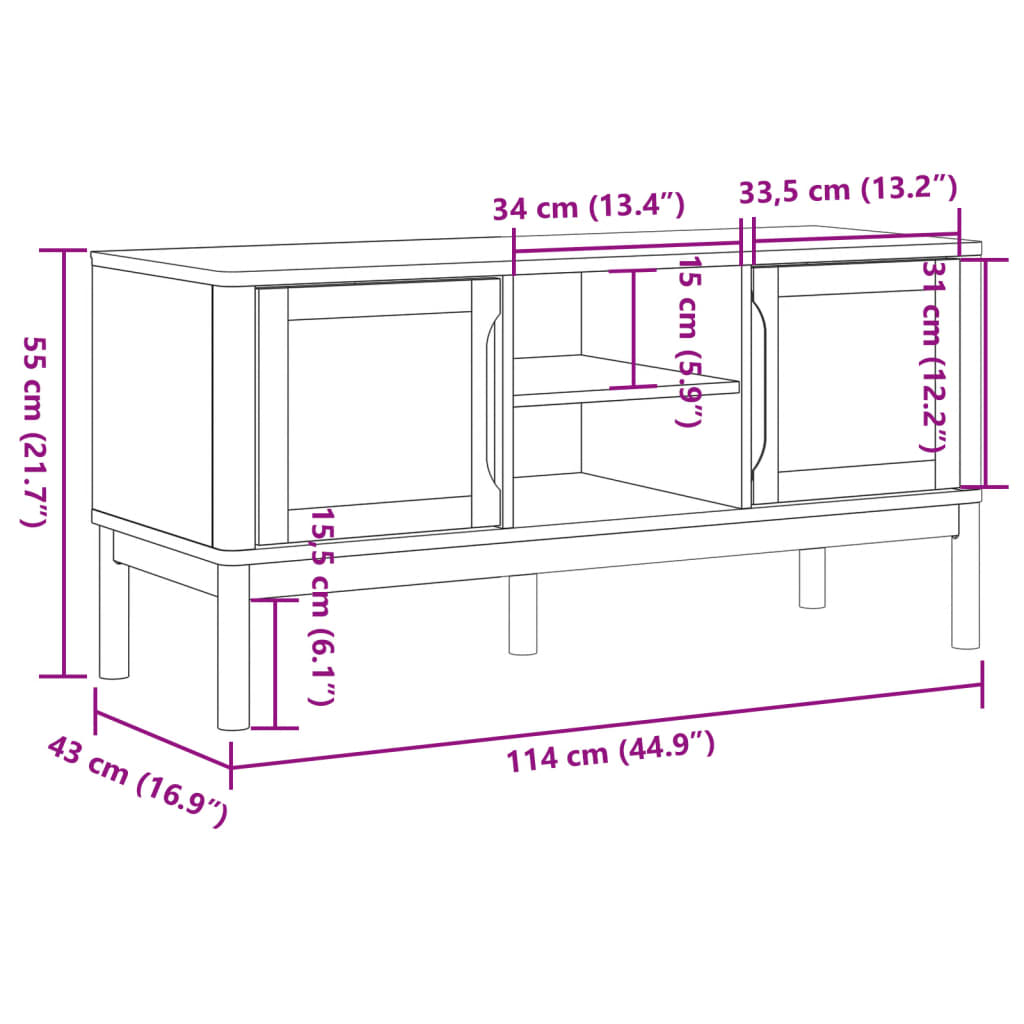 Dulap TV "FLORO", maro ceruit, 114x43x55 cm, lemn masiv de pin