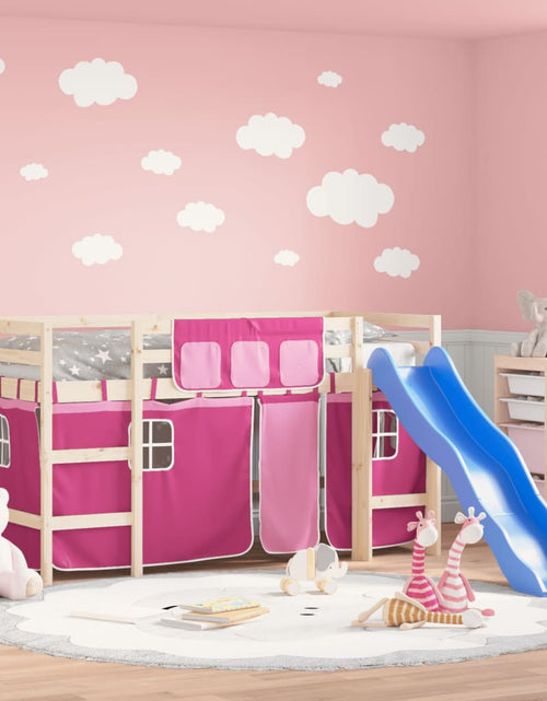 Încărcați imaginea în vizualizatorul Galerie, Pat etajat de copii cu perdele, roz, 90x190 cm, lemn masiv pin
