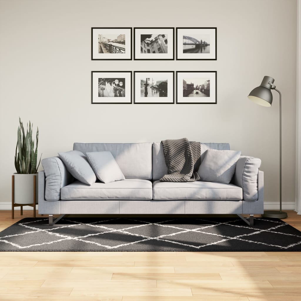 Covor pufos "PAMPLONA" fire înalte negru/crem modern 100x200 cm