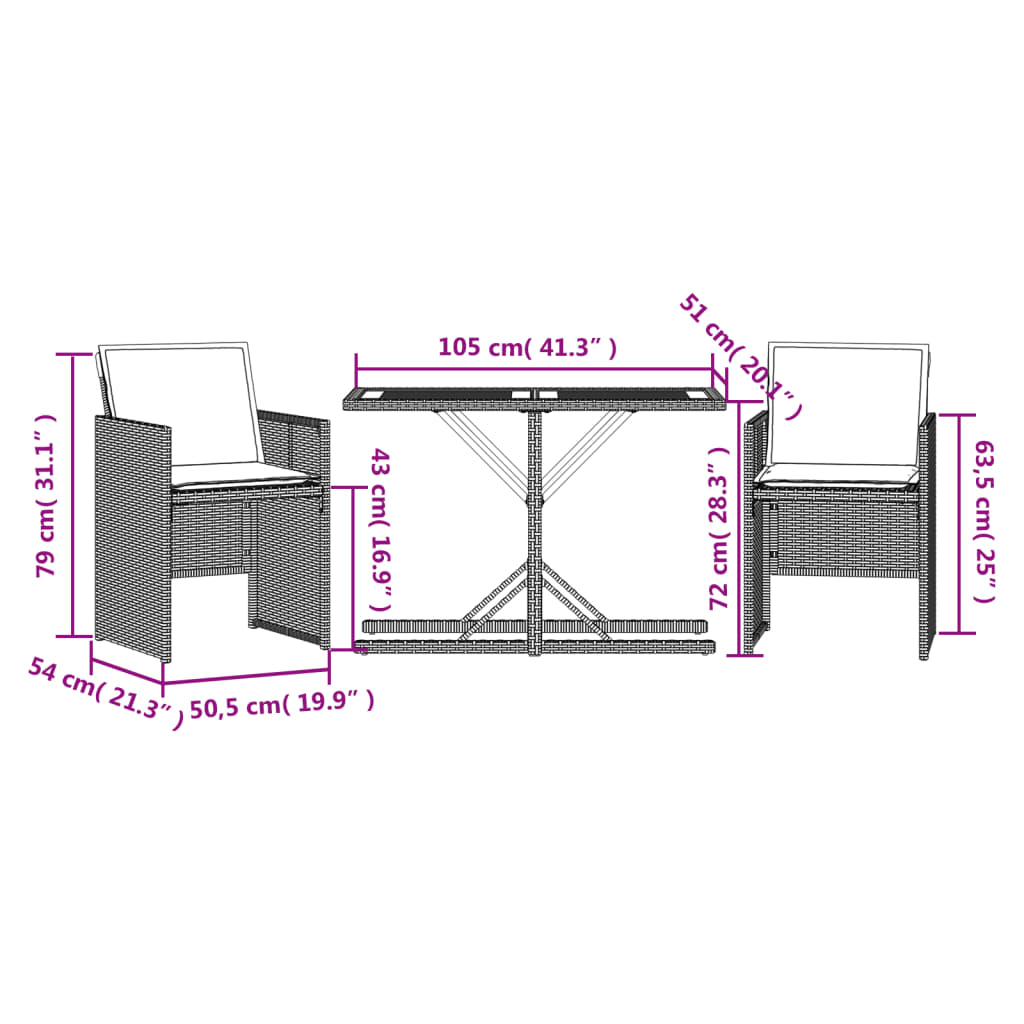 Set bistro cu perne, 3 piese, negru, poliratan