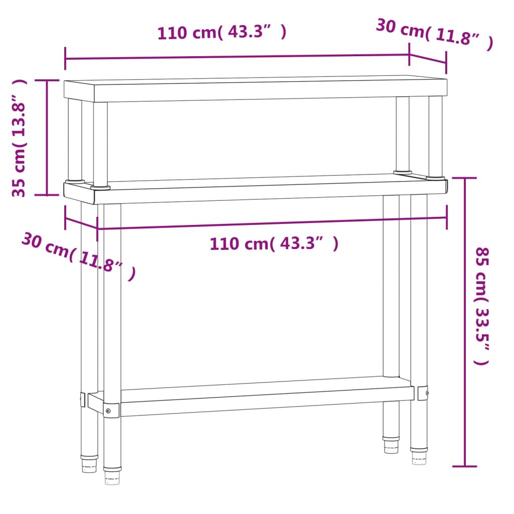 Masă bucătărie cu raft superior, 110x30x120 cm, oțel inoxidabil