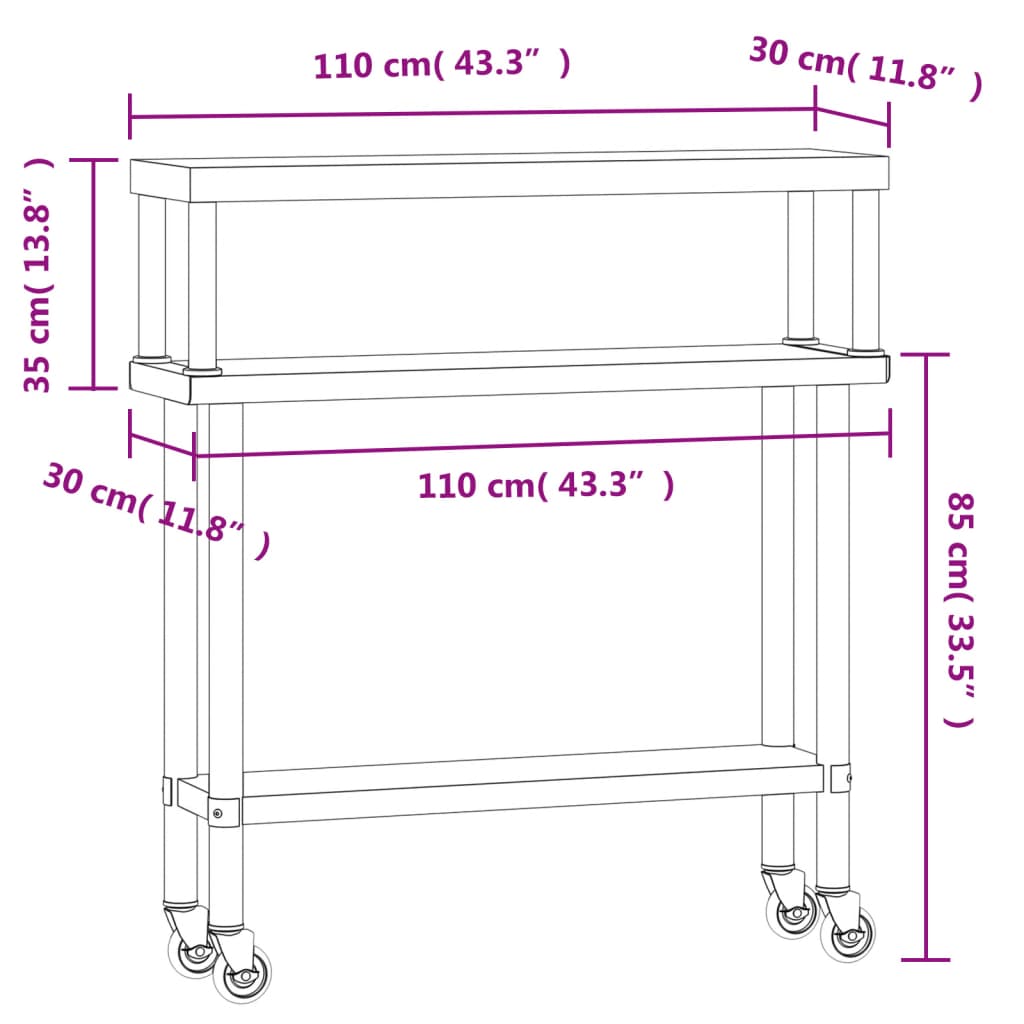 Masă bucătărie cu raft superior, 110x30x120 cm, oțel inoxidabil