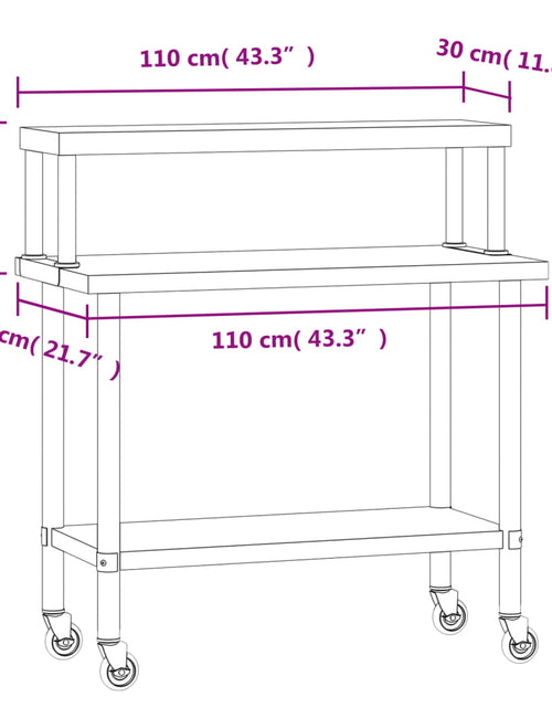 Încărcați imaginea în vizualizatorul Galerie, Masă bucătărie cu raft superior, 110x55x120 cm, oțel inoxidabil
