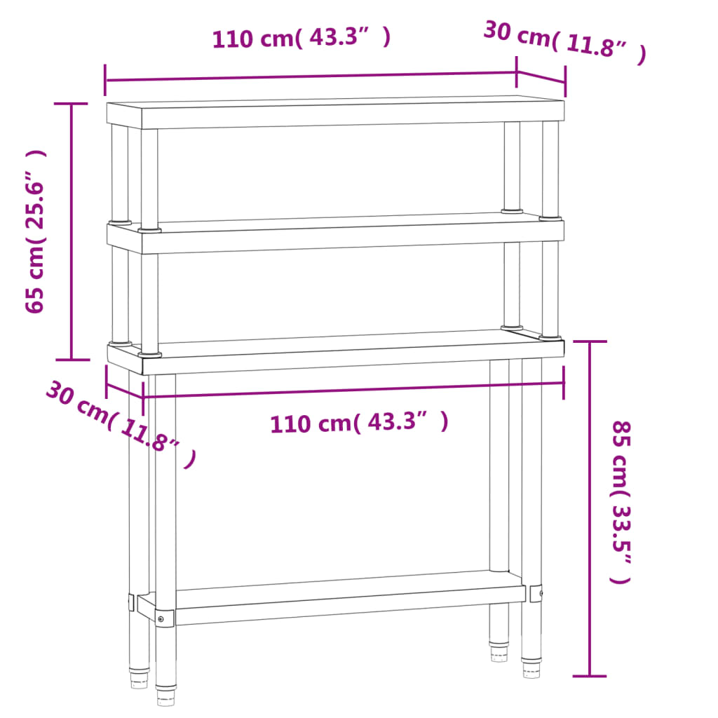 Masă bucătărie cu raft superior, 110x30x150 cm, oțel inoxidabil