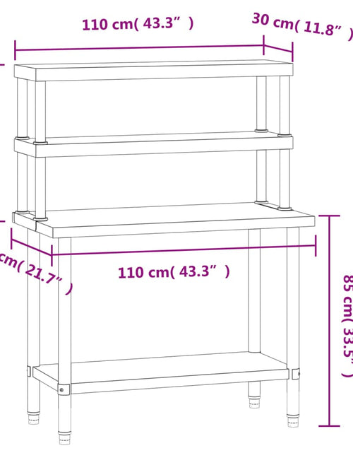 Încărcați imaginea în vizualizatorul Galerie, Masă bucătărie cu raft superior, 110x55x150 cm, oțel inoxidabil
