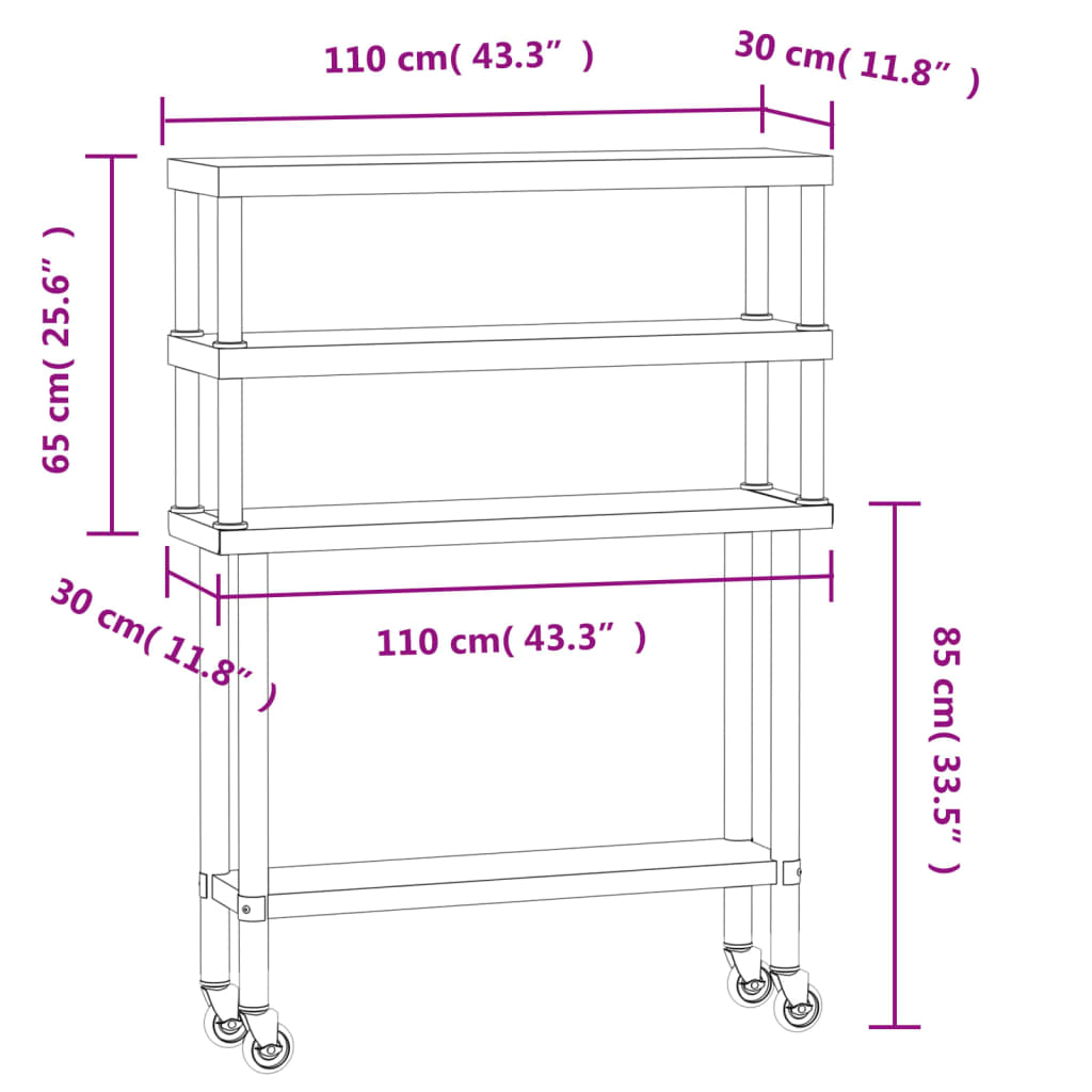 Masă bucătărie cu raft superior, 110x30x150 cm, oțel inoxidabil