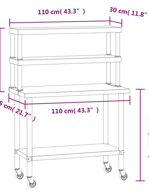 Încărcați imaginea în vizualizatorul Galerie, Masă bucătărie cu raft superior, 110x55x150 cm, oțel inoxidabil
