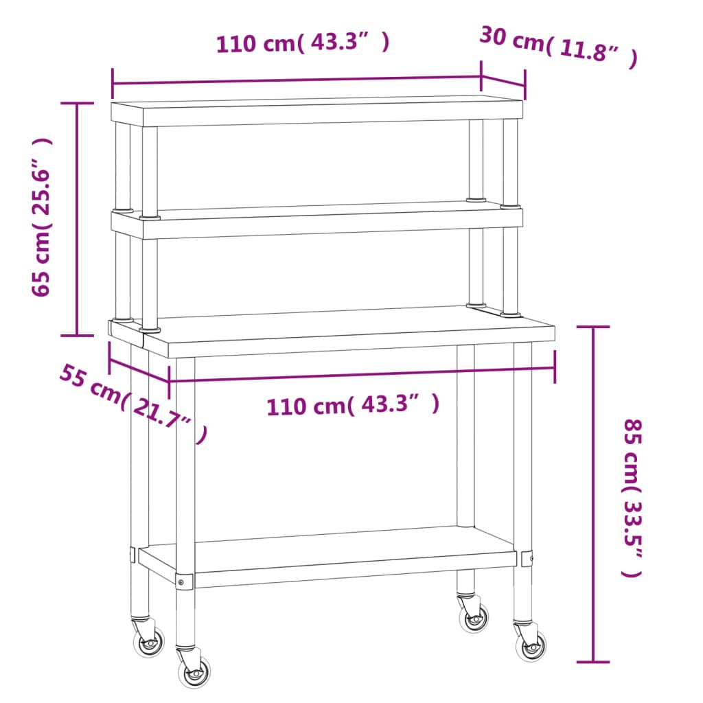 Masă bucătărie cu raft superior, 110x55x150 cm, oțel inoxidabil