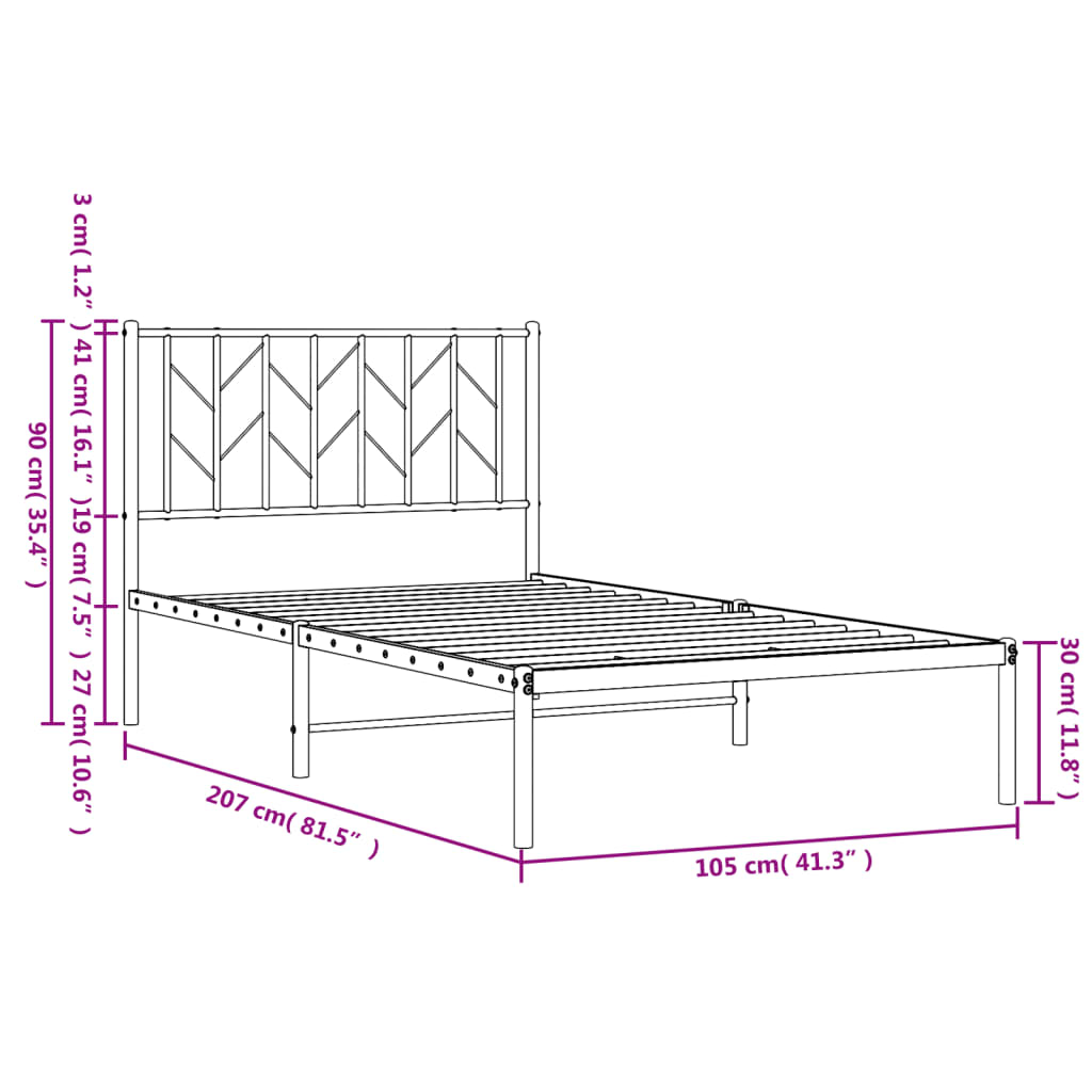 Cadru de pat din metal cu tăblie, alb, 100x200 cm