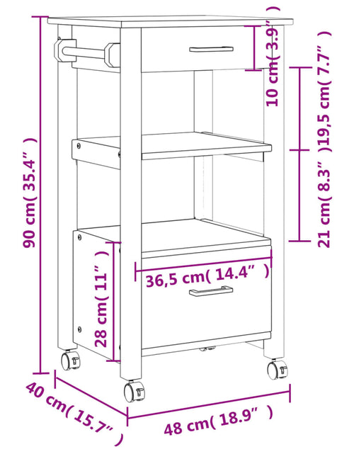 Încărcați imaginea în vizualizatorul Galerie, Cărucior de bucătărie „MONZA”, 48x40x90 cm, lemn masiv de pin
