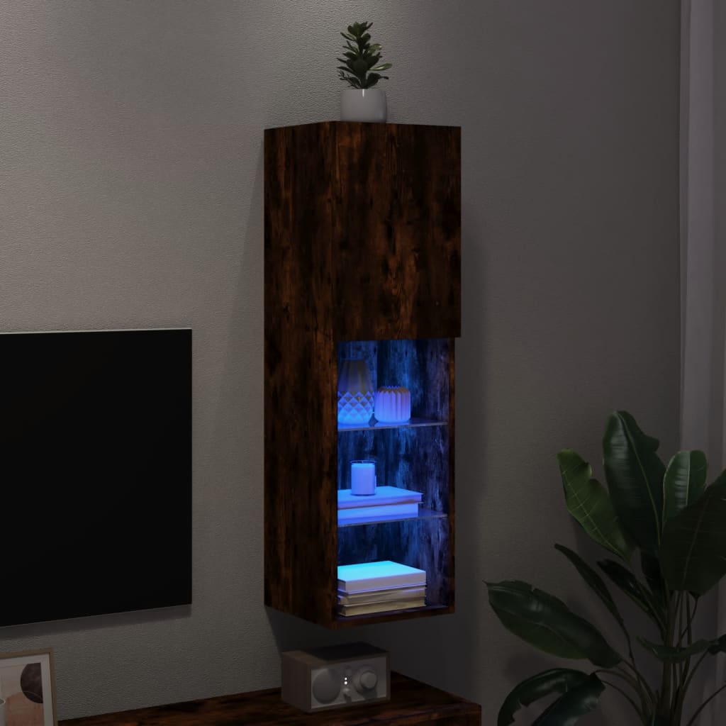 Comodă TV cu lumini LED, stejar fumuriu, 30,5x30x102 cm - Lando