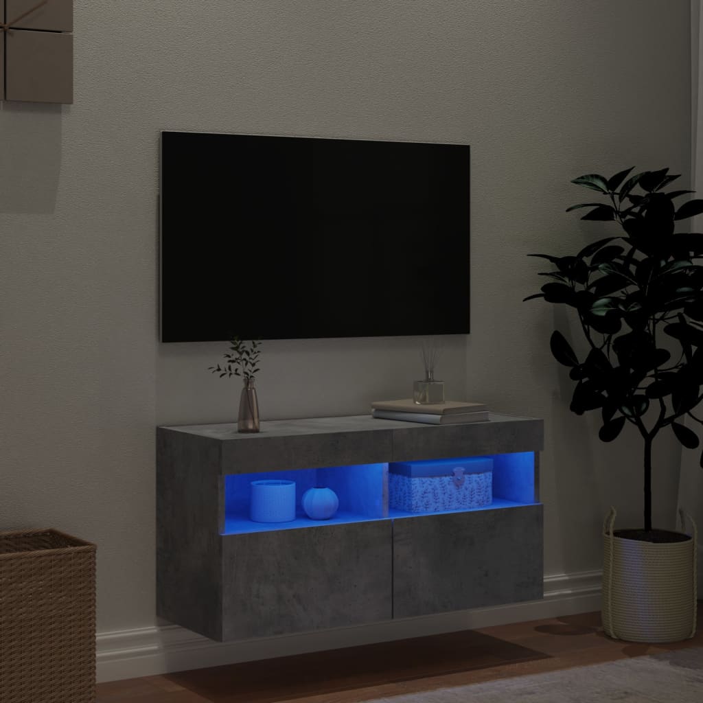 Comodă TV de perete cu lumini LED, gri beton, 80x30x40 cm