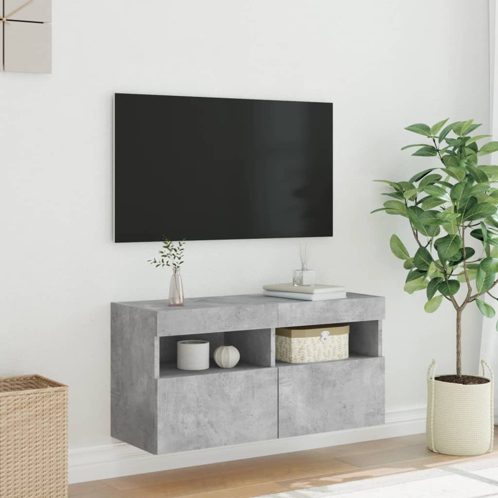 Comodă TV de perete cu lumini LED, gri beton, 80x30x40 cm