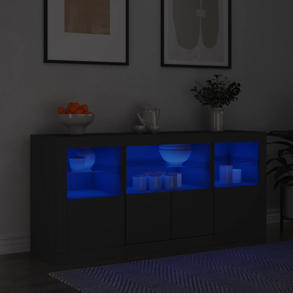 Servantă cu lumini LED, negru, 142,5x37x67 cm