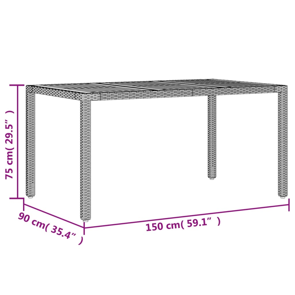 Masă grădină, blat din lemn acacia gri 150x90x75 cm poliratan