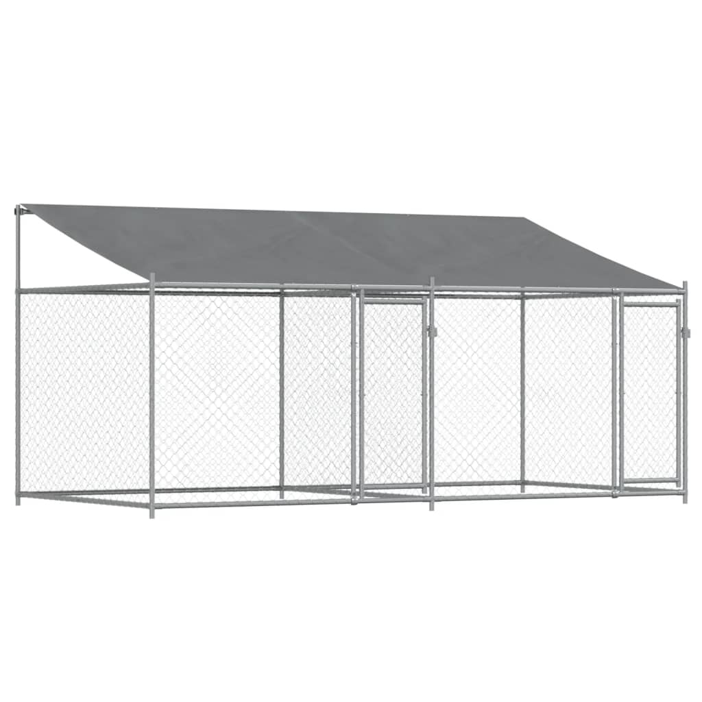 Cușcă câini cu acoperiș și uși, gri, 4x2x2 m, oțel galvanizat