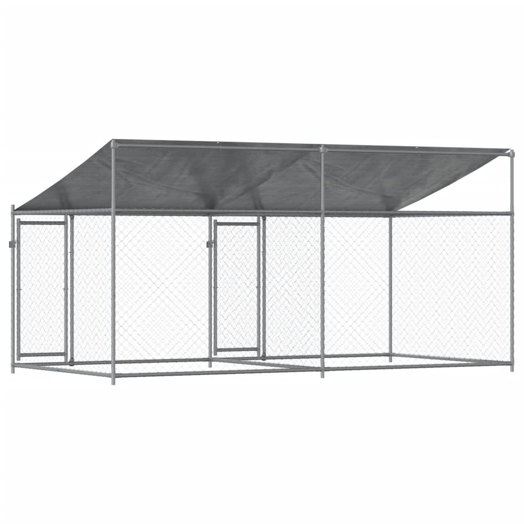 Cușcă câini cu acoperiș și uși, gri, 4x2x2 m, oțel galvanizat