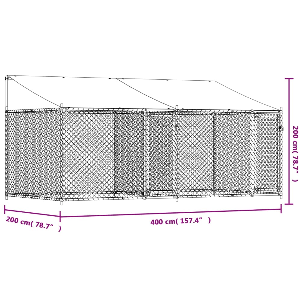 Cușcă câini cu acoperiș și uși, gri, 4x2x2 m, oțel galvanizat