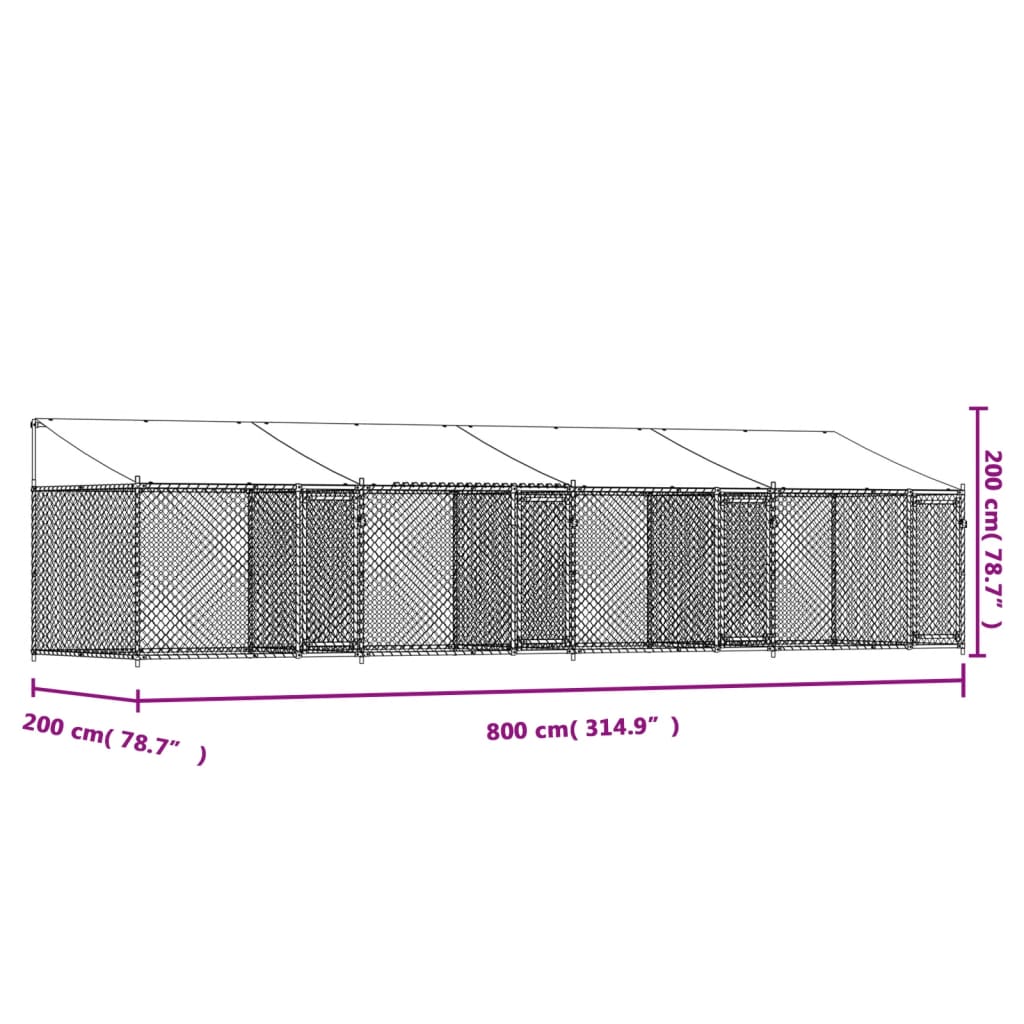 Cușcă câini cu acoperiș și uși, gri, 8x2x2 m, oțel galvanizat