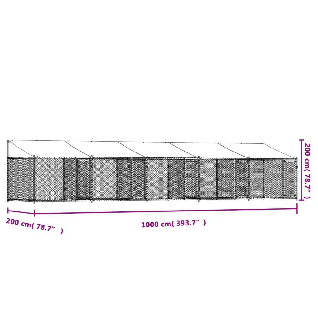 Cușcă câini cu acoperiș și uși, gri, 10x2x2 m, oțel galvanizat