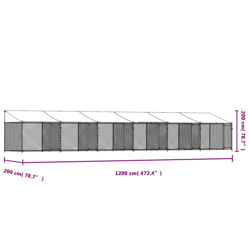 Cușcă câini cu acoperiș și uși, gri, 12x2x2 m, oțel galvanizat