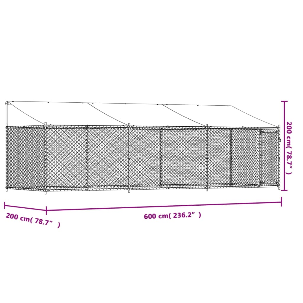 Cușcă câini cu acoperiș și uși, gri, 6x2x2 m, oțel galvanizat