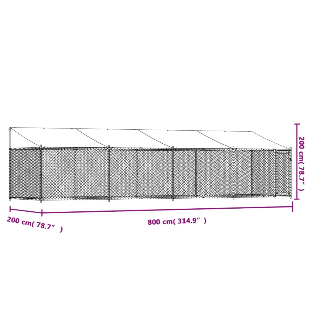 Cușcă câini cu acoperiș și uși, gri, 8x2x2 m, oțel galvanizat