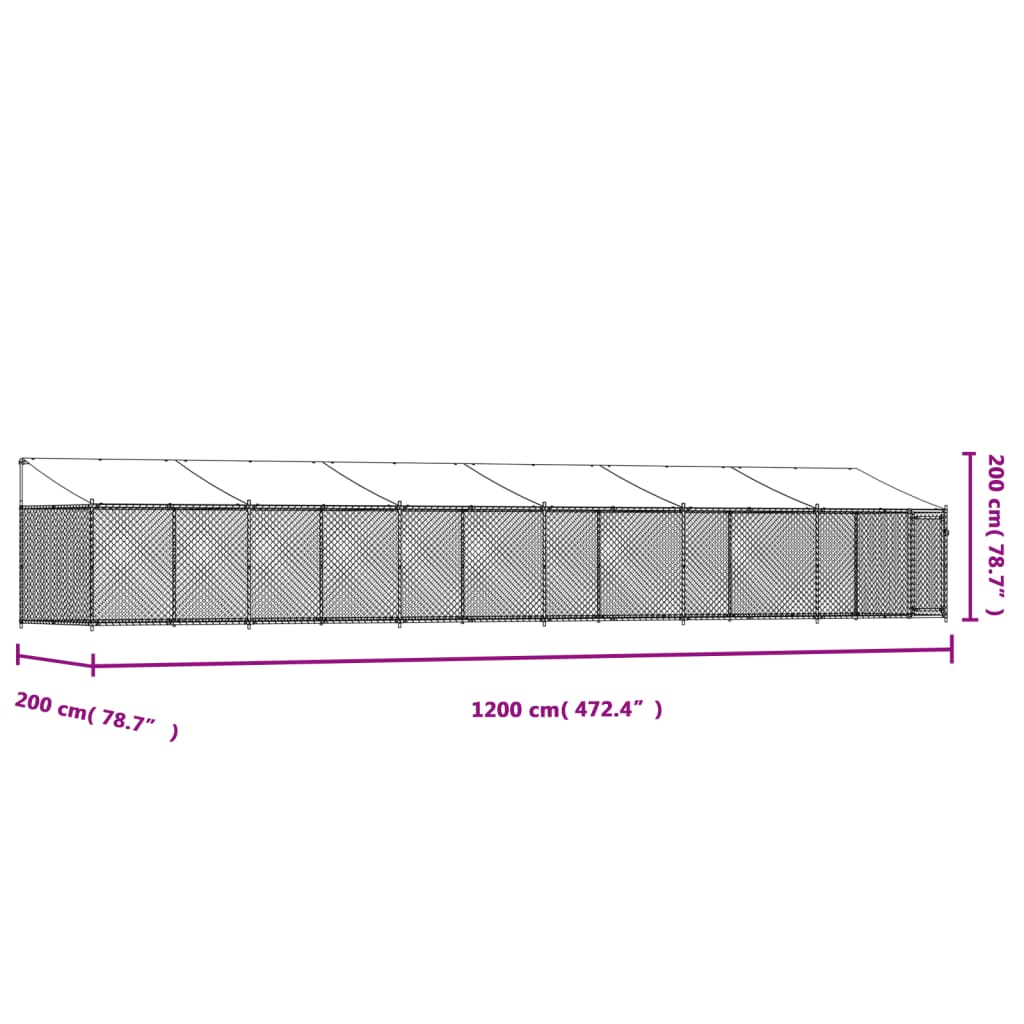 Cușcă câini cu acoperiș și ușă, gri, 12x2x2 m, oțel galvanizat