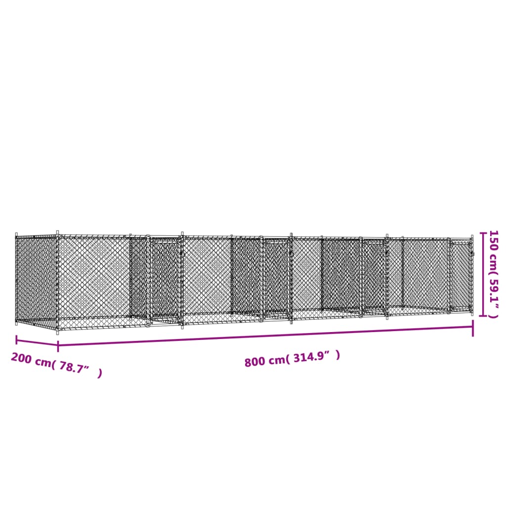 Cușcă pentru câini cu uși, gri, 8x2x1,5 m, oțel galvanizat