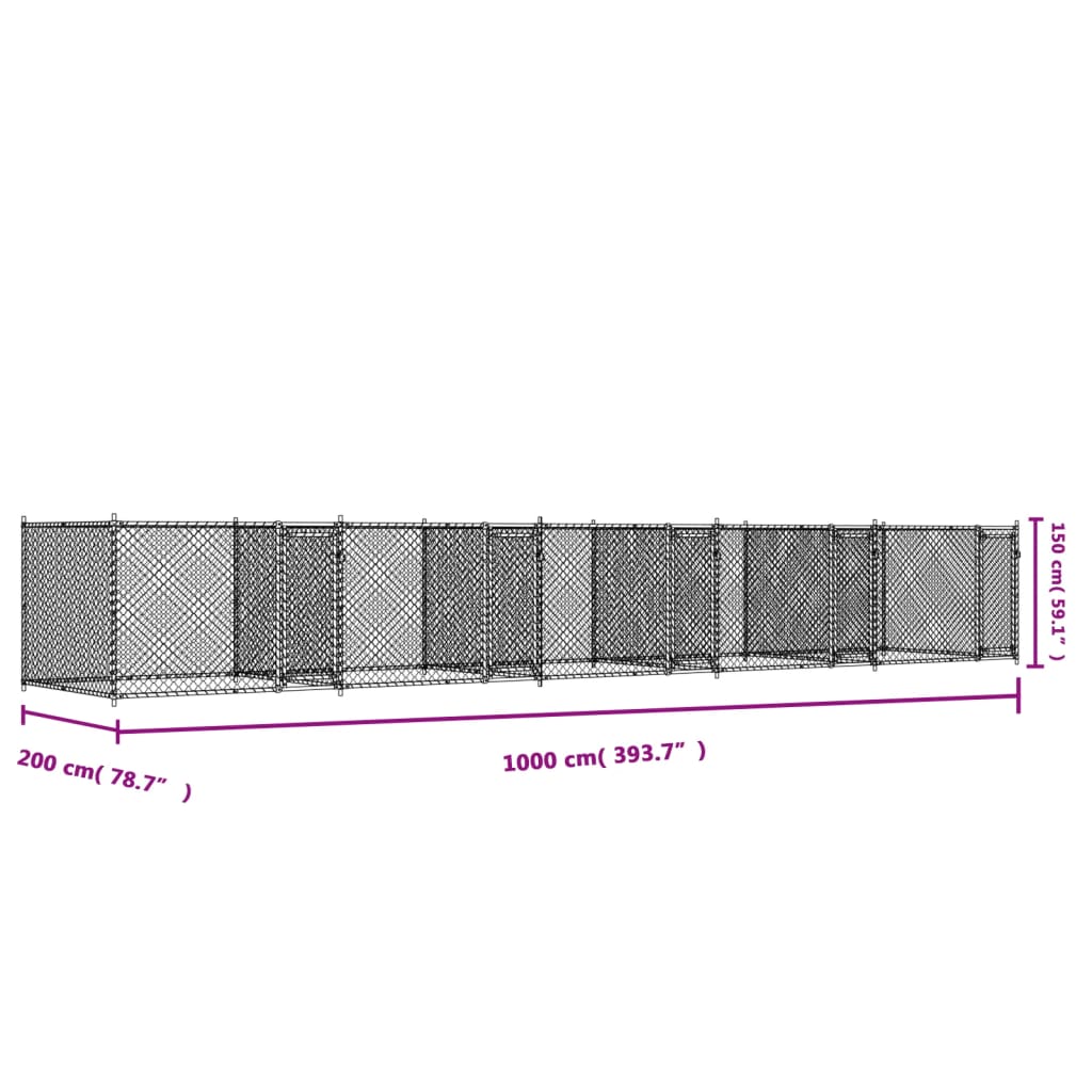 Cușcă pentru câini cu uși, gri, 10x2x1,5 m, oțel galvanizat