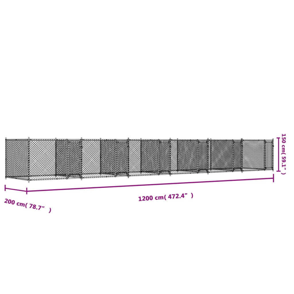 Cușcă pentru câini cu uși, gri, 12x2x1,5 m, oțel galvanizat