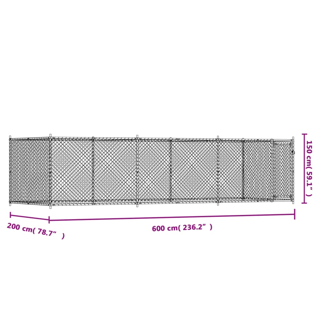 Cușcă pentru câini cu ușă, gri, 6x2x1,5 m, oțel galvanizat