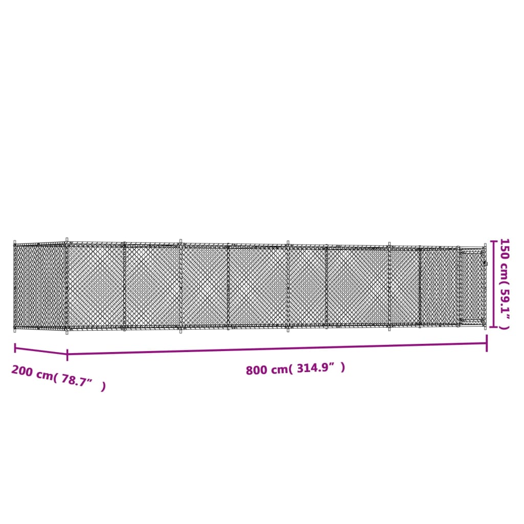 Cușcă pentru câini cu ușă, gri, 8x2x1,5 m, oțel galvanizat