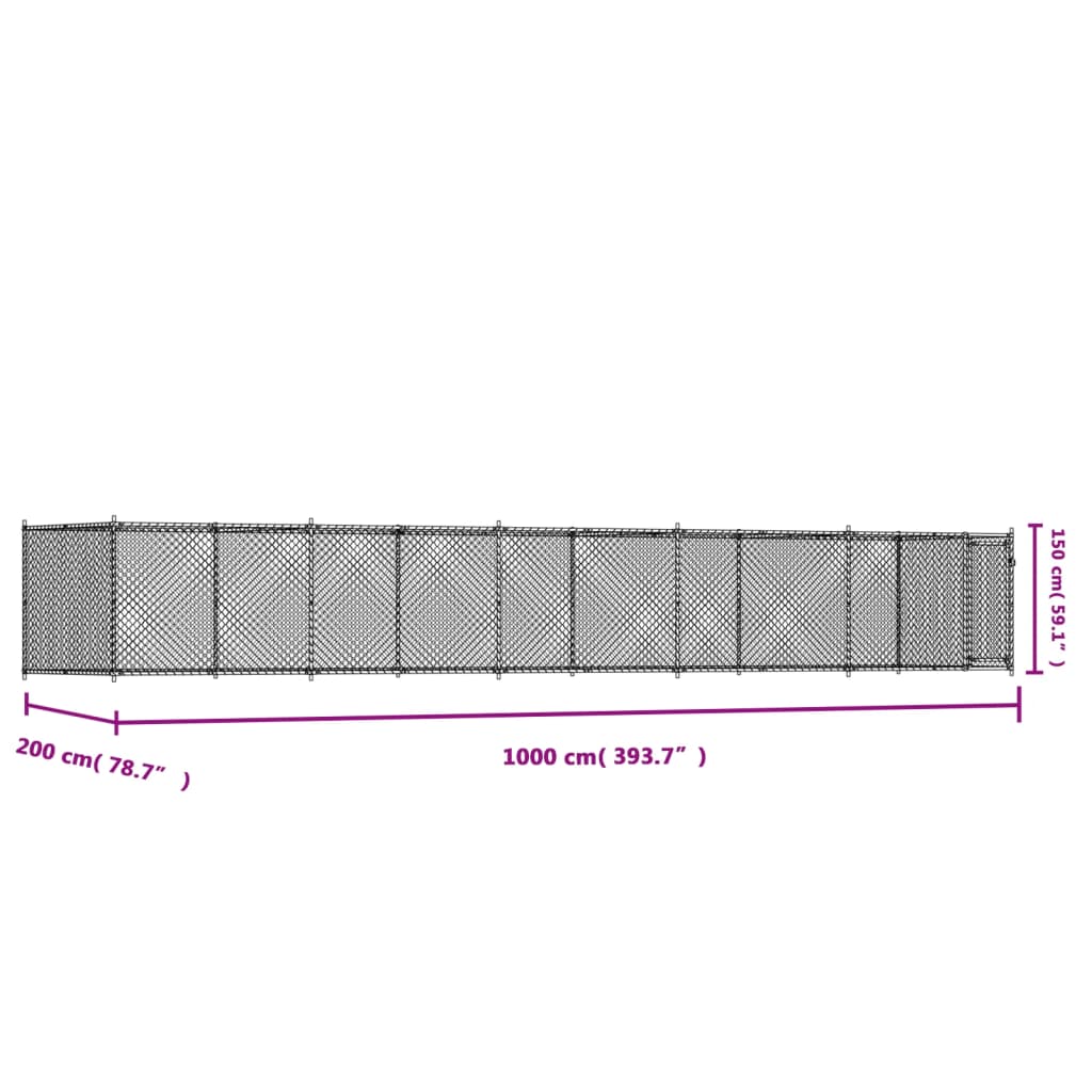 Cușcă pentru câini cu ușă, gri, 10x2x1,5 m, oțel galvanizat