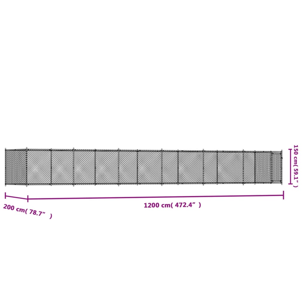 Cușcă pentru câini cu ușă, gri, 12x2x1,5 m, oțel galvanizat