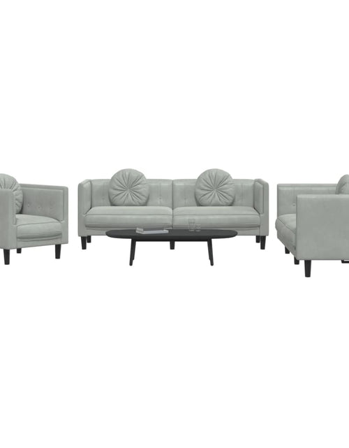 Încărcați imaginea în vizualizatorul Galerie, Set de canapele, 3 piese, cu perne, gri deschis, catifea - Lando
