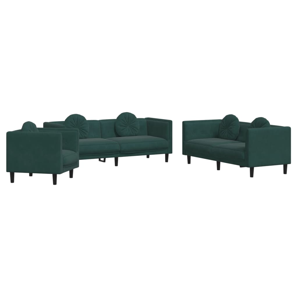 Set canapea cu perne, 3 piese, verde închis, catifea