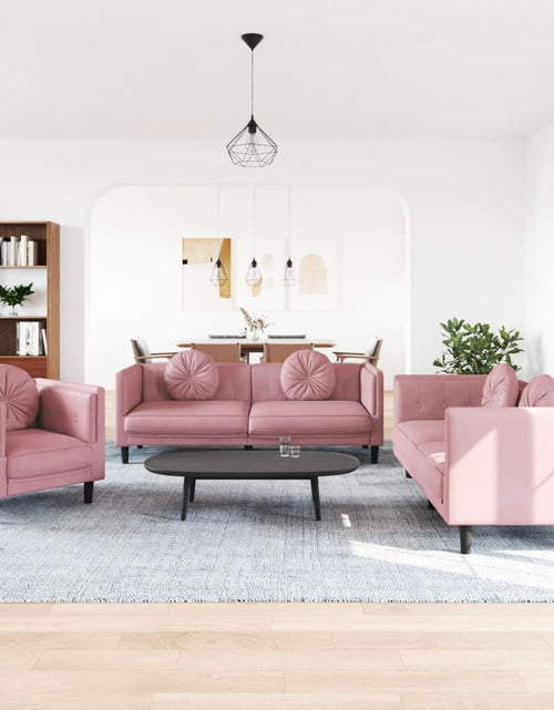 Încărcați imaginea în vizualizatorul Galerie, Set canapea cu perne, 3 piese, roz, catifea - Lando
